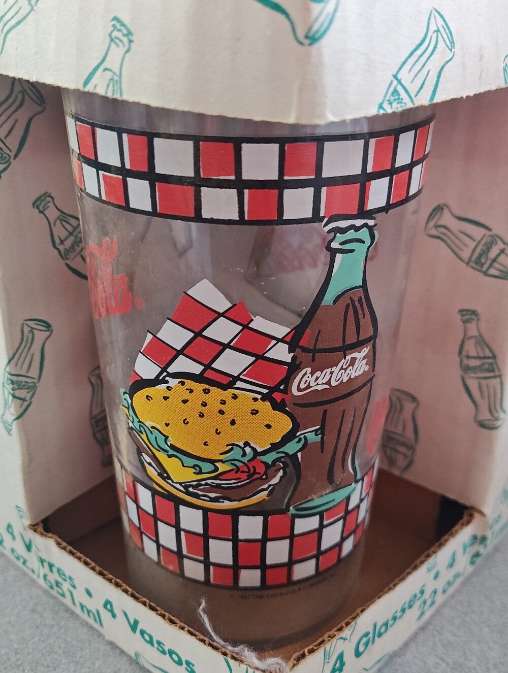 Coca Cola Glass 4 Piece Set with Red Checkered Burger Graphics
